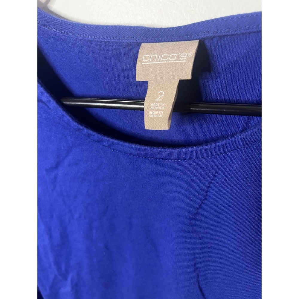 Chicos Shirt Wm LG Blue 3/4 Sleeve Smocked Shoulder Cotton Modal Top Boho Casual - Picture 2 of 10